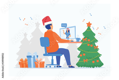 Man video calling to his girlfriend on a computer at home on Christmas day, flat vector modern illustration
