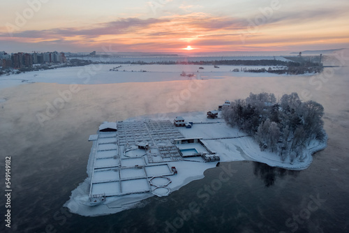 Winter aerial view of Babr island on Angara river in Irkutsk photo