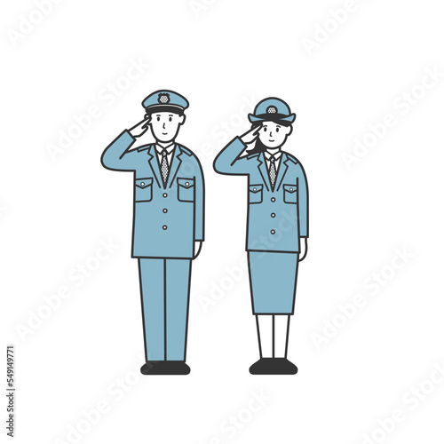 敬礼する警察官男女全身イラスト2