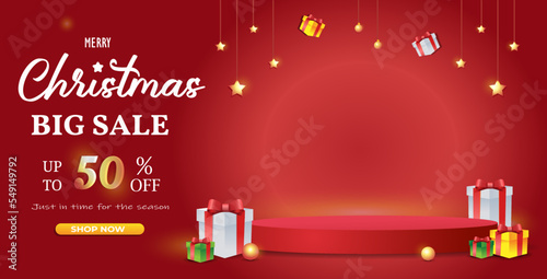 Merry Christmas sale promotion poster banner with product display