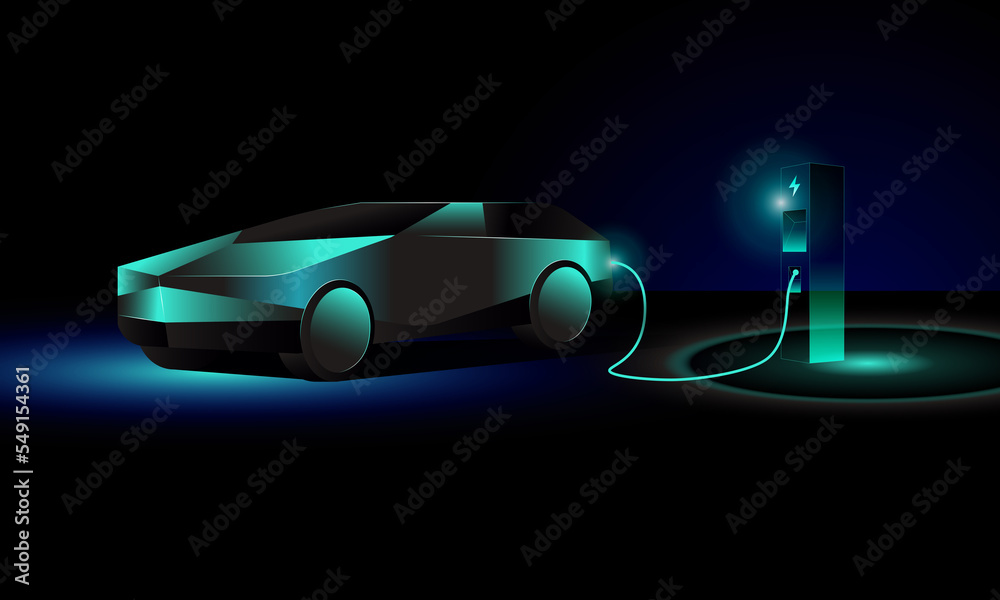 Electric car at charging station. Electric car silhouette with green glowing on dark background. EV concept.