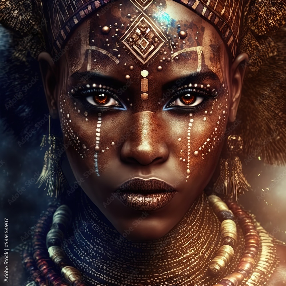 beautiful dark skinned woman warrior covered in tribal jewellery, tribal paint on face, serious, glitter splatter background