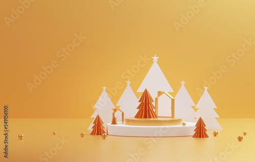 Gold edged podium and golden yellow christmas tree with edge elegant christmas and new year on golden yellow background. photo