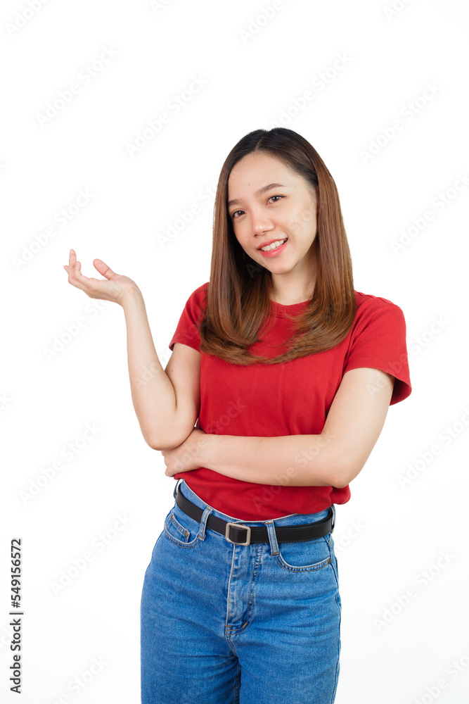 Pretty Asian people wearing red t-shirt for a woman isolated on white background. Pretty Asian people wearing red t-shirt for a woman isolated on white background.