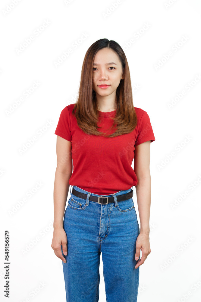 Pretty Asian people wearing red t-shirt for a woman isolated on white background. Pretty Asian people wearing red t-shirt for a woman isolated on white background.