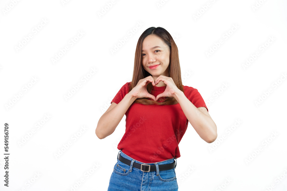 Hands showing heart shape, Pretty Asian people wearing red t-shirt for a woman isolated on white background. Hands showing heart shape, Pretty Asian people wearing red t-shirt for a woman isolated on white background.