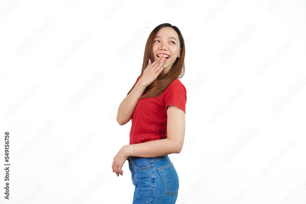 Wow, surprise, Pretty Asian people wearing red t-shirt for a woman isolated on white background. Wow, surprise, Pretty Asian people wearing red t-shirt for a woman isolated on white background.