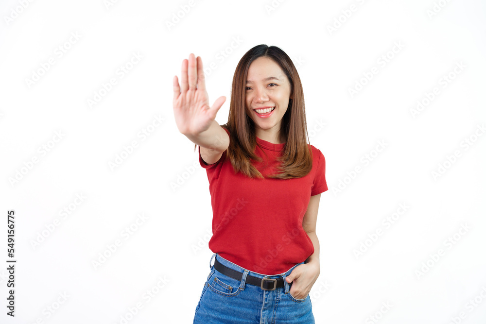 Hand wave, bye bye, stop, Pretty Asian people wearing red t-shirt for a woman isolated on white background. Hand wave, bye bye, stop, Pretty Asian people wearing red t-shirt for a woman isolated on white background.
