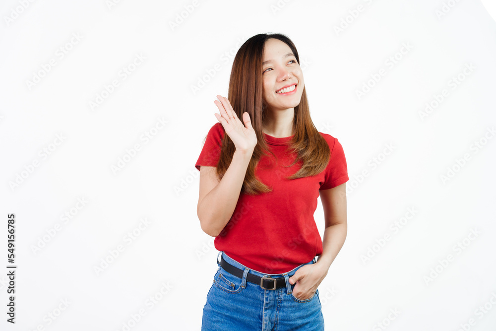 Hand wave, bye bye, stop, Pretty Asian people wearing red t-shirt for a woman isolated on white background.