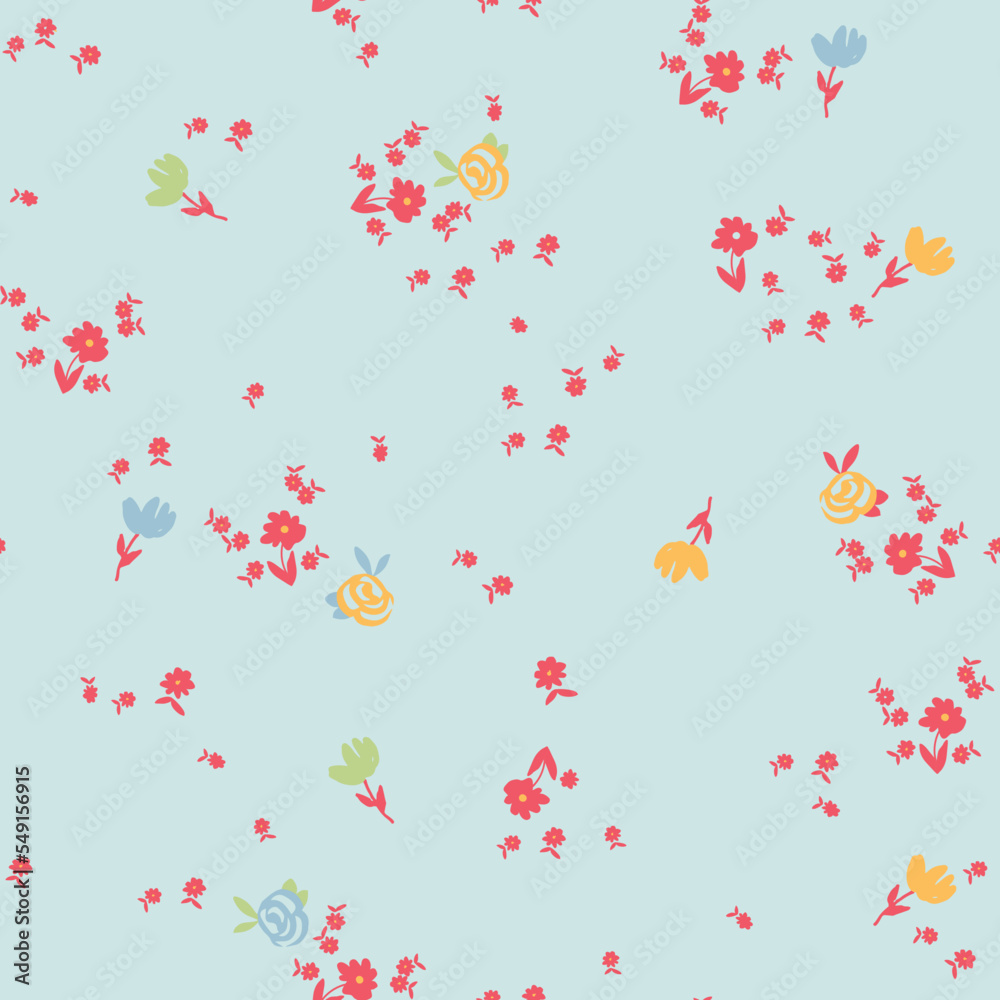 Simple, seamless floral print spaced out conversational pattern, blooming, colorful random, fading doodle flowers, stems and petals clusters for clothing, textile, tshirt, kids, girls women, wrapping,