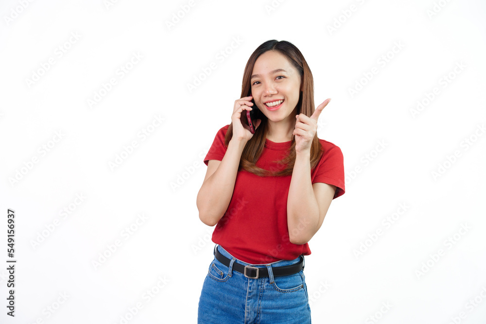 Call a mobile and pointing, Pretty Asian people wearing red t-shirt for a woman isolated on white background. Call a mobile and pointing, Pretty Asian people wearing red t-shirt for a woman isolated on white background.