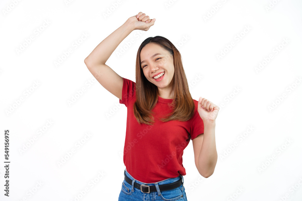 Dancing, Pretty Asian people wearing red t-shirt for a woman isolated on white background. Dancing, Pretty Asian people wearing red t-shirt for a woman isolated on white background.