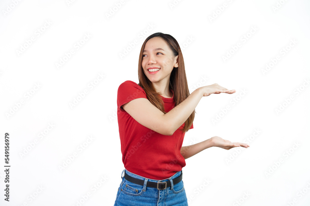 Pretend to hold somethings, Pretty Asian people wearing red t-shirt for a woman isolated on white background. Pretend to hold somethings, Pretty Asian people wearing red t-shirt for a woman isolated on white background.