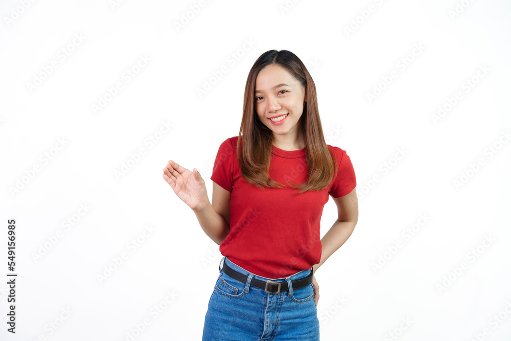 Pretend to hold can, Pretty Asian people wearing red t-shirt for a woman isolated on white background. Pretend to hold can, Pretty Asian people wearing red t-shirt for a woman isolated on white background.