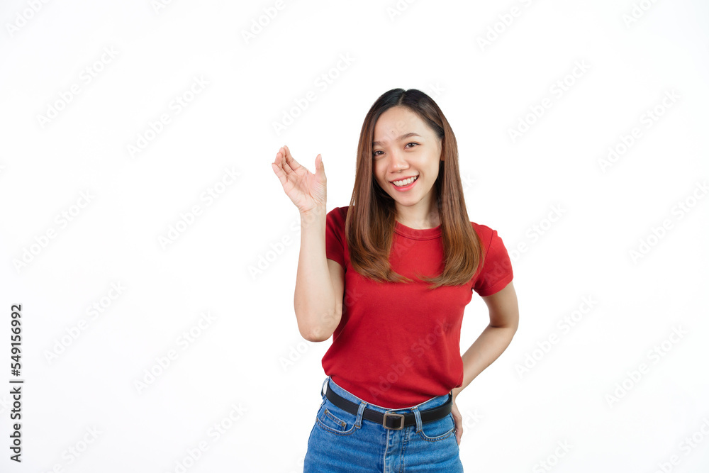 Pretend to hold can, Pretty Asian people wearing red t-shirt for a woman isolated on white background. Pretend to hold can, Pretty Asian people wearing red t-shirt for a woman isolated on white background.