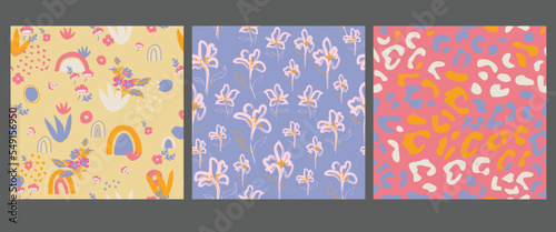 Set of simple floral seamless patterns. Colorful small and large, ditsy, daisy flowers collection. Sketch flat drawing. Botanical collage in modern trendy style. Summer meadow flowers bundle. 