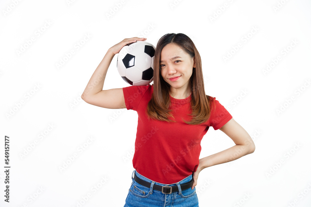 Holding football, Pretty asian women England soccer fans celebrating over white background isolated. Sports fan isolated young woman. Holding football, Pretty asian women England soccer fans celebrating over white background isolated. Sports fan isolated young woman.