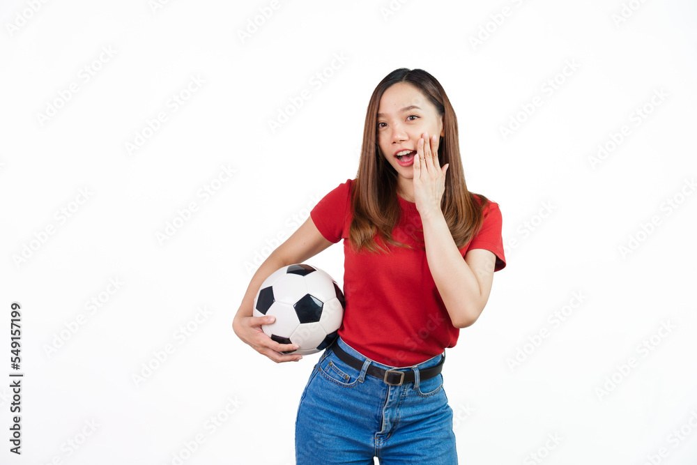 Holding football, Pretty asian women England soccer fans celebrating over white background isolated. Sports fan isolated young woman. Holding football, Pretty asian women England soccer fans celebrating over white background isolated. Sports fan isolated young woman.