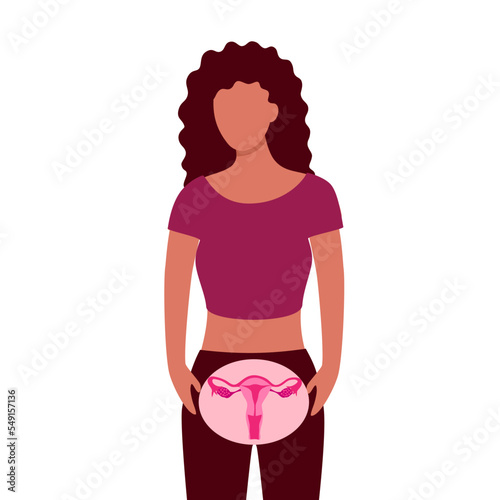 Woman with uterus in flat design on white background.
