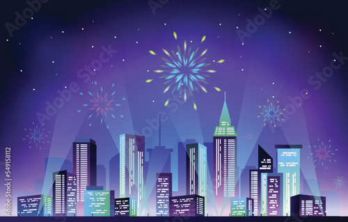 Happy New Year City Building Cityscape Fireworks Party