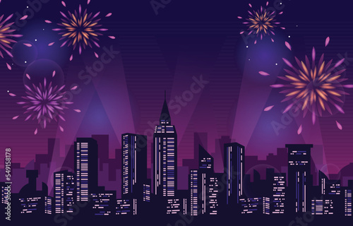 Happy New Year City Building Cityscape Fireworks Party