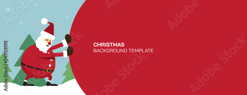 Happy Santa Claus pull abstract big hug red bag as a blank space with snowscpae background. Christmas concept template for advertisment. Cute Christmas illustration greeting card.