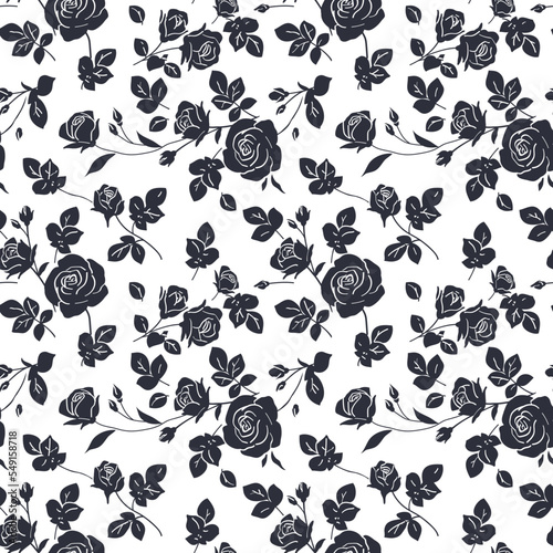 Seamless pattern with beautiful vintage rose and decorative leaf silhouette. Black and white wallpaper with flower. Vector illustration