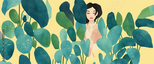 Banner woman young free with background of plants and pretty leaves in watercolor, modern style, multicolor