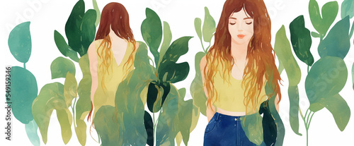 Banner women young free with background of plants and pretty leaves in watercolor, modern style, multicolor