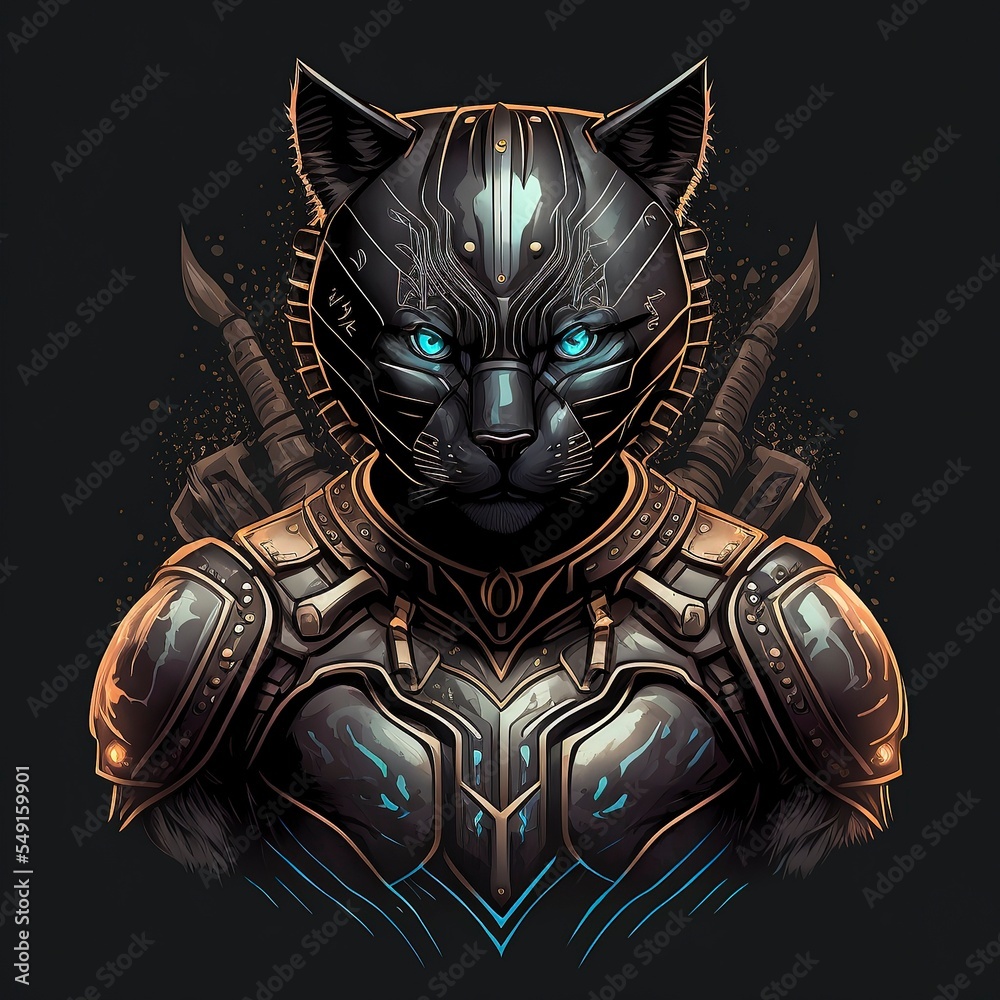 Naklejka premium Cartoon cat black panther illustration for tshirt and esport logo, Cat Silhouette Illustration for t-shirt, sweater, jacket. isolated in black background