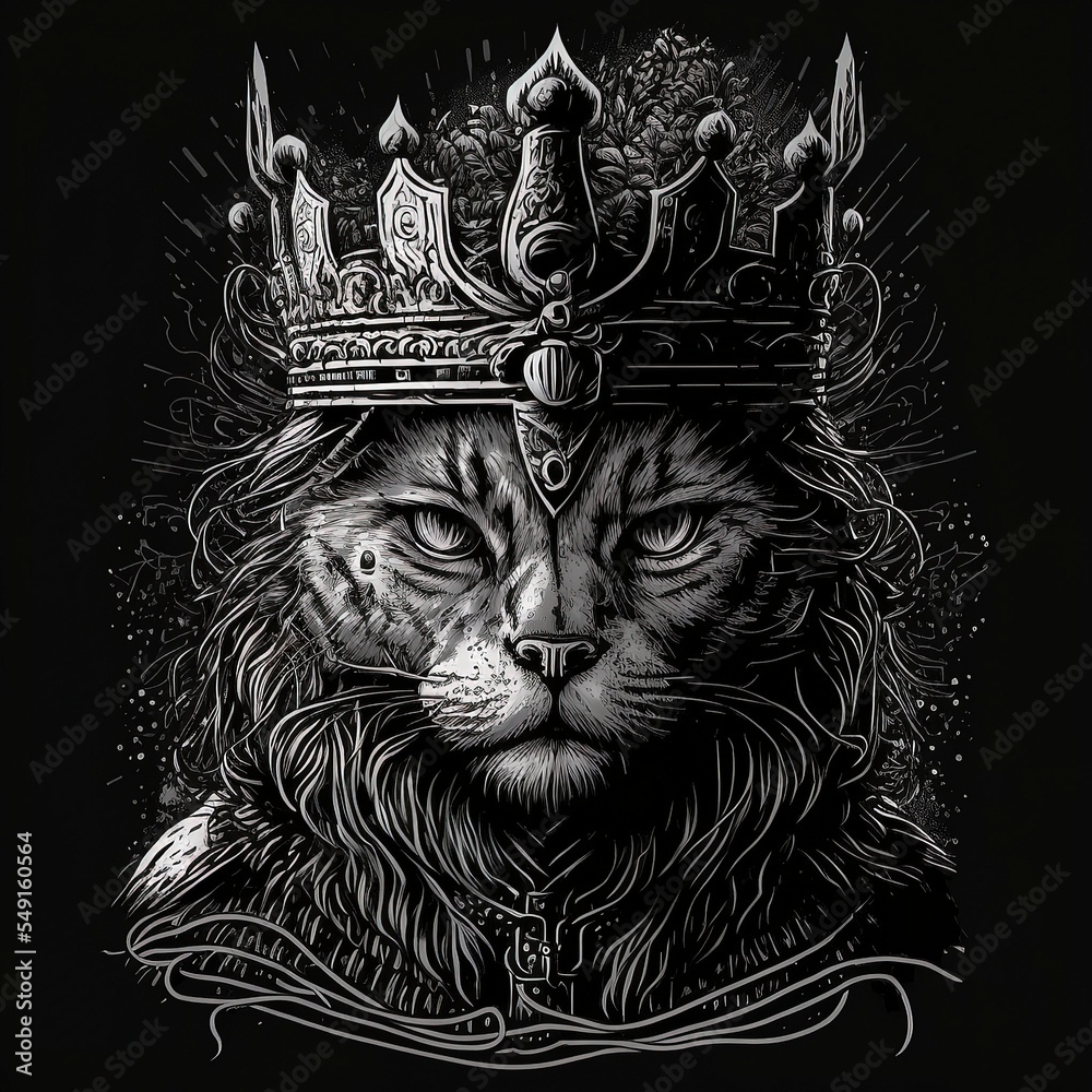  Hand drawn cat with crown for tshirt, black and white color, Cat Silhouette Illustration for t-shirt, sweater, jacket. isolated in black background