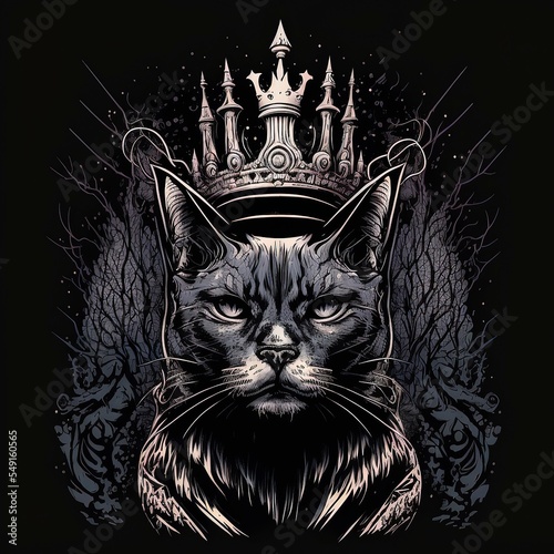  Hand drawn cat with crown for tshirt, black and white color, Cat Silhouette Illustration for t-shirt, sweater, jacket. isolated in black background
