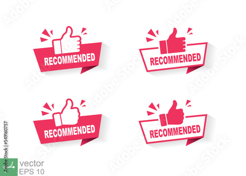 Set of best recommend icon with thumb up stamp. Good quality, price, like, deal, red banner recommended, business concept. Vector illustration isolated on white background. EPS 10.