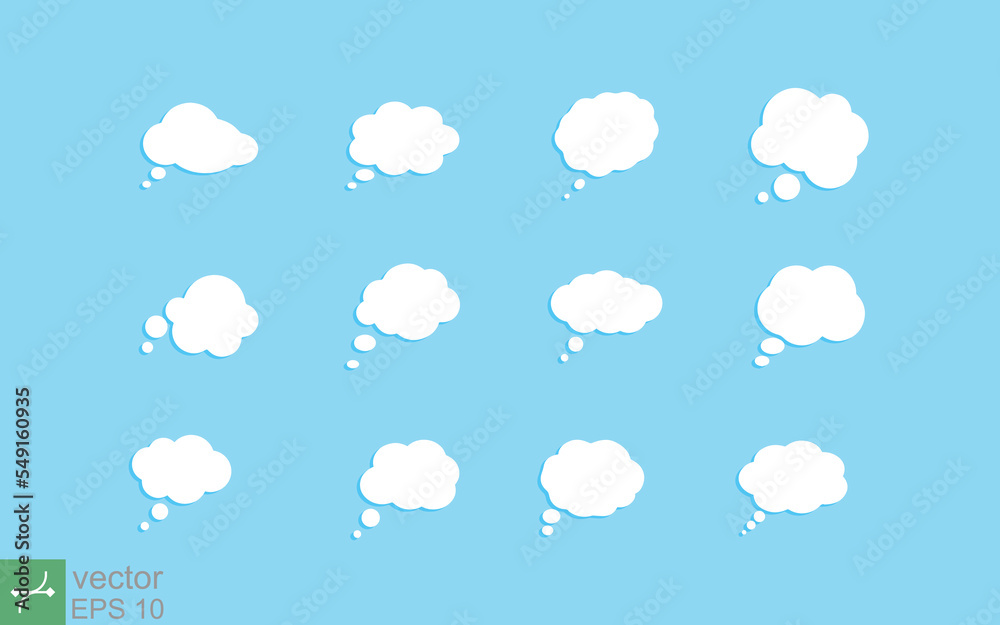 Set of think cloud icon. Simple flat style. Blank speech bubble, empty balloon chat, communication concept. Vector illustration isolated on blue background. EPS 10.