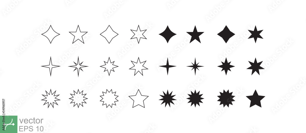 Set of minimal star icon. Simple outline and solid style. Sparkle shape, shine, light, glitter element, black silhouette. Thin line and glyph vector illustration isolated on white background. EPS 10.