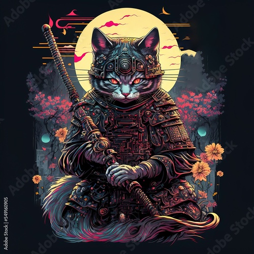 Cyberpunk cat samurai japan for tshirt, Cat Silhouette Illustration for t-shirt, sweater, jacket. isolated in black background