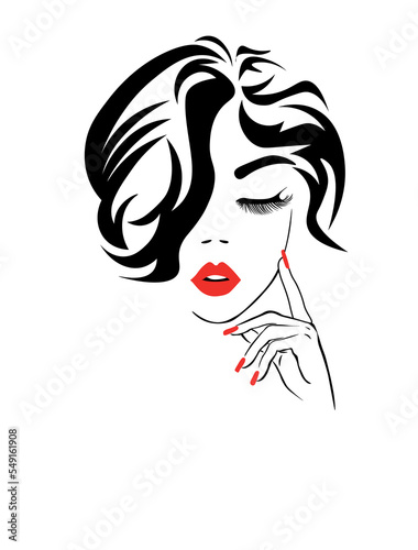 Woman face. Sexy woman with red lips and short hair. Logo women face on white background. Pretty girl with red lips and modern short haircut
