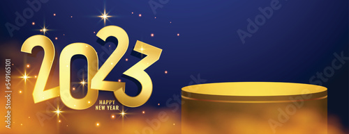 2023 new year banner with 3d podium and smoke effect vector