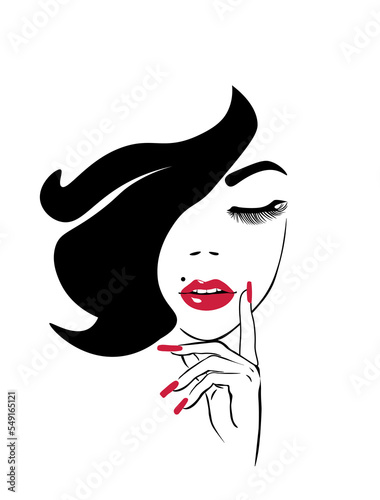 woman face. Icon hair, girls face, Hair stile icon. Brunette with red lips and nails. Beauty, hair and nails art salon icon