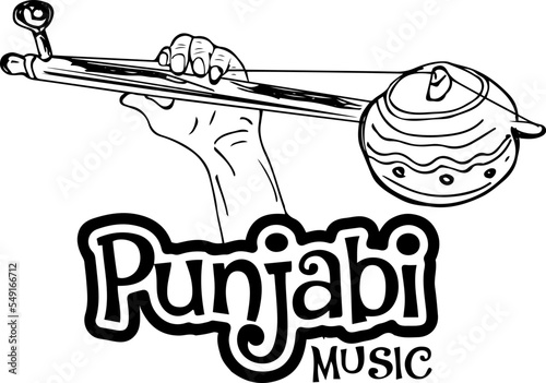 Punjabi Singer holding traditional music instrument Tumbi, Punjabi man playing ektara or tumbi sketch drawing illustration, Punjabi culture music instrument clipart and symbol