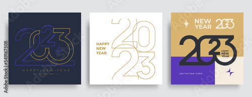 Creative Composition Happy New Year 2023 posters. Trendy holiday typography logo 2023 for season Christmas decoration.