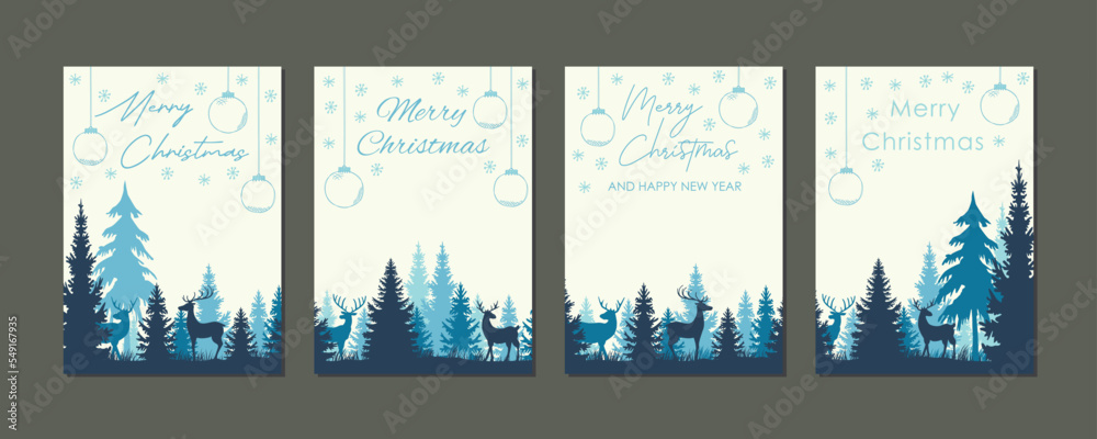 set of christmas tags with blue forest landscape and deers