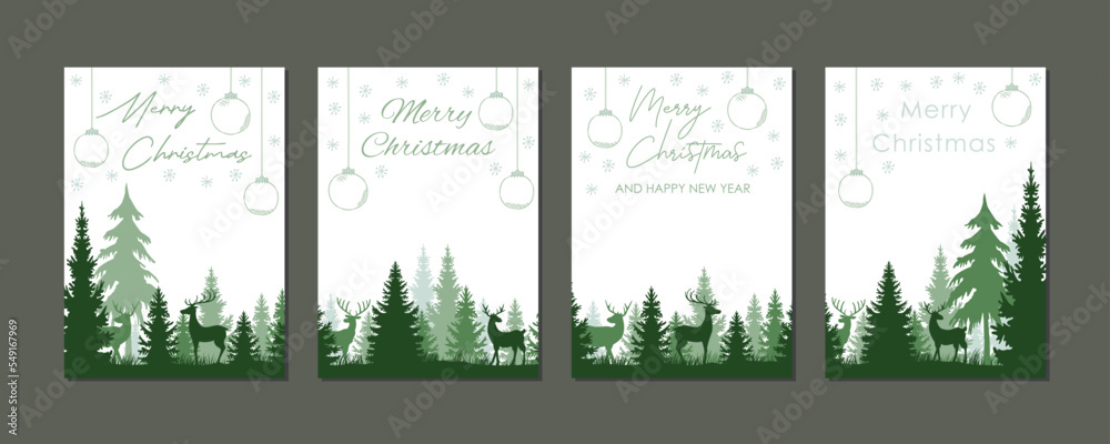 set of christmas forest landscape with deers, collection of printable holiday greeting card templates, tags, social media stories