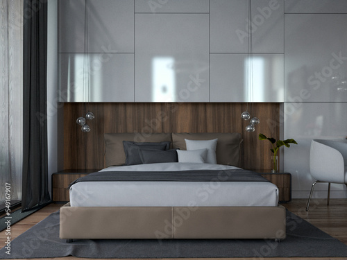 Modern bedroom design. 3D visualization. Wall panels