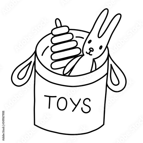 Toy basket icon, vector illustration of storage for playroom and children daycare, soft toy and ring stacker doodle, scandi nursery design, isolated outline clipart on white background