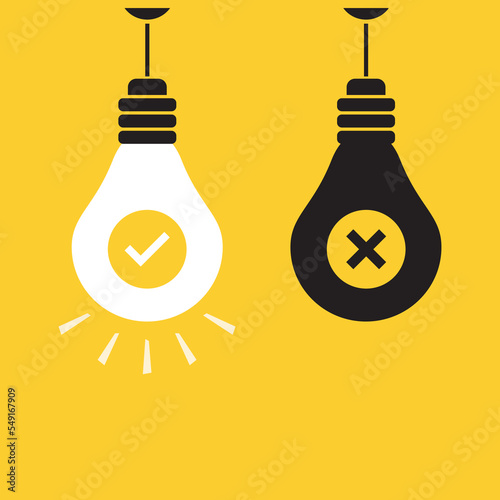 Two light bulbs - burning and extinguished. Good and bad idea - brainstorming. Search for new ideas for successful business or development. Creativity, pitching idea.