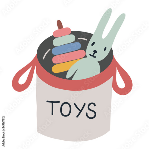 Toy basket icon, vector illustration of toys storage for playroom and day care for children, soft toy, ring stacker doodle, scandi nursery, isolated colored clipart on white background