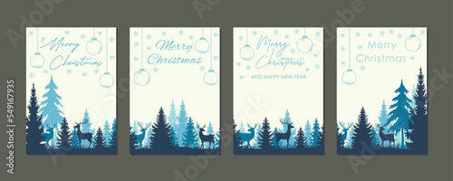 set of christmas tags with blue forest landscape and deers