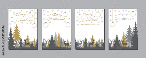christmas forest landscape with deers, set of elegant printable holiday greeting cards in gold and grey, suitable for tags, postcards, background, banner or social media stories photo