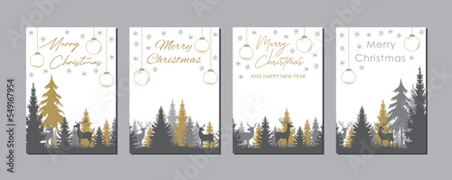 christmas forest landscape with deers, set of elegant printable holiday greeting cards in gold and grey, suitable for tags, postcards, background, banner or social media stories